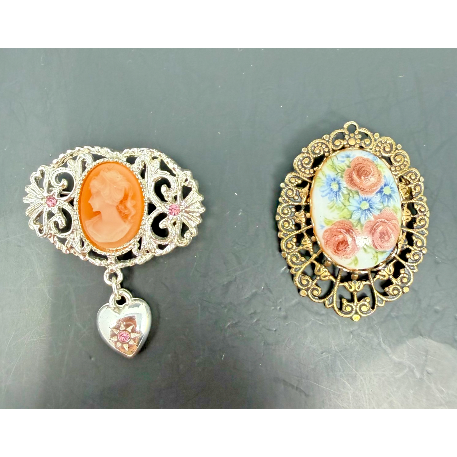 Vintage Cameo Brooch Lot Ornate Filigree Heart Dangle Floral Enamel 2pc 19$